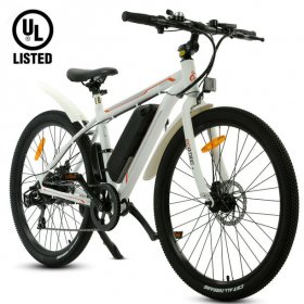 Ecotric Adult 26 In. 36 V 350 W Electric City Bicycle Removable Battery Shimano 7 Speed Pedal Assist Commuter, Teen White E-bike