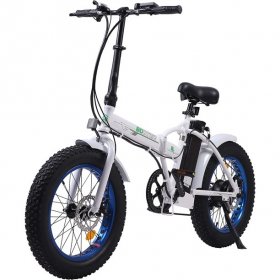 Ecotric Electric Fat Tire Bicycle 20 In. x 4 In. Folding 500W 36V 12Ah Lithium Battery Beach Mountain Snow Electric Bike Moped - White and Blue Rim