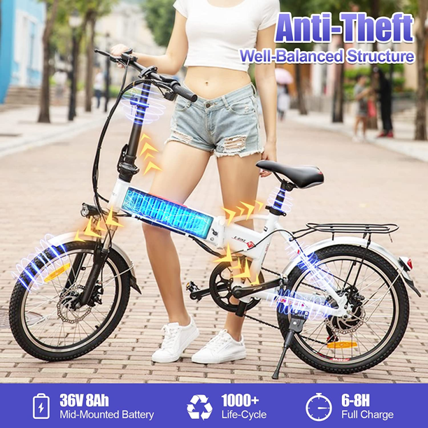 Ancheer Folding Electric Bike 20 In. Aluminum Foldable Electric City Bicycle with Removable Battery 7 Speed-Gears Suit for Adults Womens