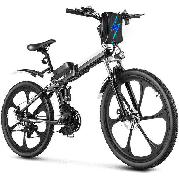Ancheer Electric Mountain Bike, Foldable 26-Inch Hybrid Bicycle with 36V 8Ah Removable Battery, 250-Watt Pedal Assist Motor, 21 Speed Gears for Adult - Black